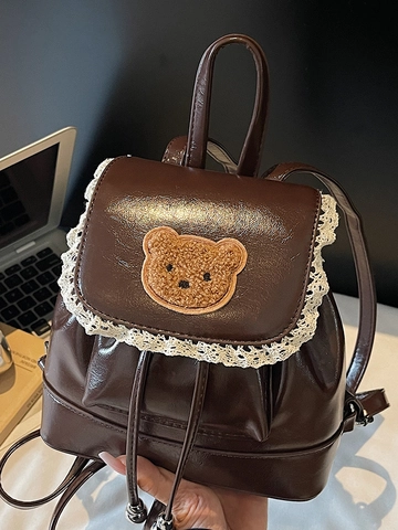 Koreanischer Stil Mini PU Leder Rucksack Für Damen Mit Teddybär Aufnäher Spitzenbesatz Retro Mode Kordelzug Lässiger Rucksack