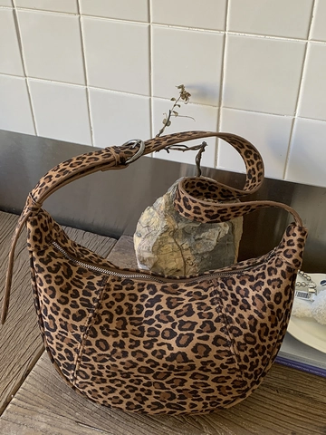 Sac à Épaule Demi-Lune en Suédine pour Femme Sac Hobo Vintage Imprimé Léopard Bandoulière Réglable Sac à Main Urbain Minimaliste Quotidien