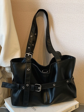 Dames Grote Capaciteit PU Leer Tote Bag Retro Biker Stijl Schoudertas Met Verstelbare Gesp Minimalistische Woon-Werkverkeer Tas
