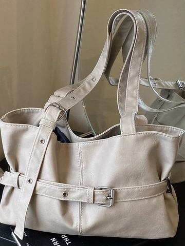 Dames Grote Capaciteit PU Leer Tote Bag Retro Biker Stijl Schoudertas Met Verstelbare Gesp Minimalistische Woon-Werkverkeer Tas