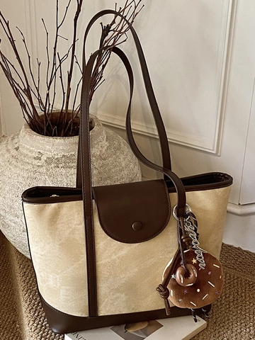 Dames Grote Capaciteit PU Leer Tote Bag Vintage Kleurblok Schoudertas Met Donut Hanger Casual Woon werkverkeer Handtas