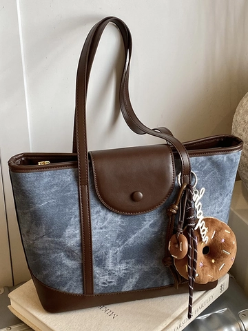 Dames Grote Capaciteit PU Leer Tote Bag Vintage Kleurblok Schoudertas Met Donut Hanger Casual Woon werkverkeer Handtas