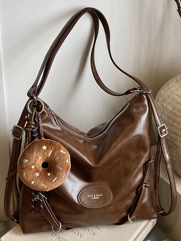 Women Vintage PU Leather Large Capacity Tote Bag Urban Minimalist Shoulder Bag Solid Color Casual Hobo Bag With Adjustable Strap