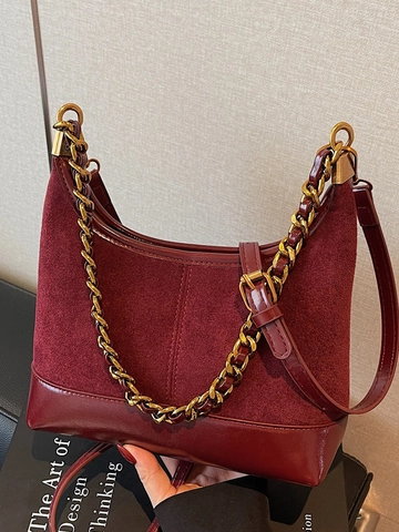 Sac Hobo Femme Rétro en Suédine Patchwork Chaîne Dorée Sac Sous le Bras Simple Urbain Sac à Épaule Sacoche à Main Mode