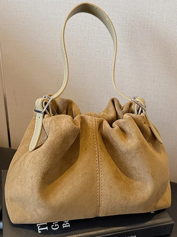 Borsa a Secchiello in Camoscio da Donna Minimalista Cuciture Borsa a Mano Moda Borsa a Tracolla Spalla per Donna Versatile Quotidiana