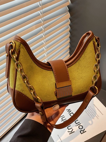 Vintage PU Lederen Stiksels Baguette Tas Voor Vrouwen Gouden Ketting Schouder Onderarm Tas Retro Halve Maan Kleine Vierkante Tas