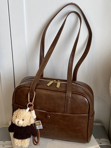 Women Retro PU Leather Shoulder Bag Large Capacity Commuter Boston Bag with Bear Pendant Fashion Handbag for Ladies