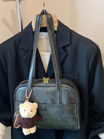 Women Retro PU Leather Shoulder Bag Large Capacity Commuter Boston Bag with Bear Pendant Fashion Handbag for Ladies