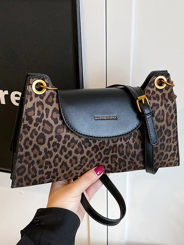 Vintage Leopard Print Shoulder Bag For Women PU Suede Small Square Bag Casual Crossbody Bag With Cute Bear Charm