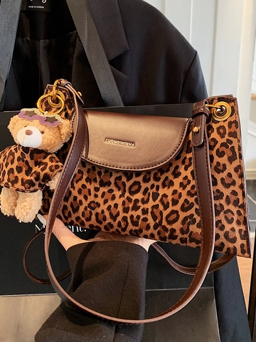 Vintage Leopard Print Shoulder Bag For Women PU Suede Small Square Bag Casual Crossbody Bag With Cute Bear Charm