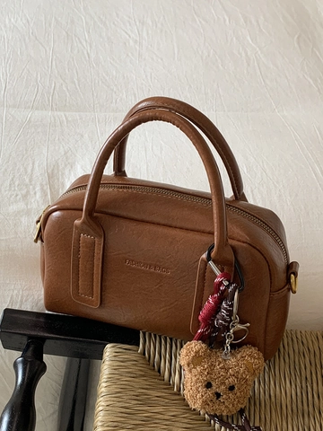 Sac à Main Boston en Cuir PU Vintage pour Femmes Sac à Bandoulière Rétro avec Charme d'Ours Sac à Main Mode Quotidien