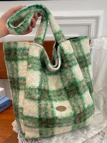 Dames Pluche Gestreepte Tote Bag Grote Capaciteit Zachte Geruite Schoudertas Luipaardprint Fleece Handtas Voor School Dagelijks