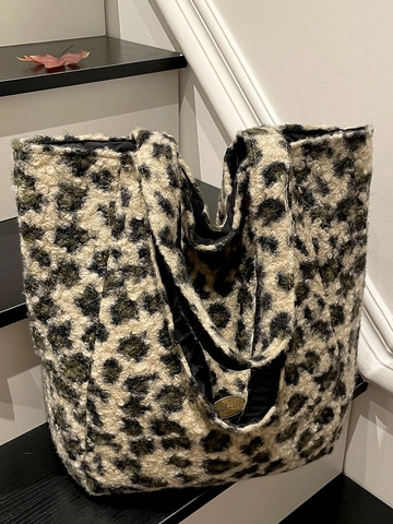 Dames Pluche Gestreepte Tote Bag Grote Capaciteit Zachte Geruite Schoudertas Luipaardprint Fleece Handtas Voor School Dagelijks
