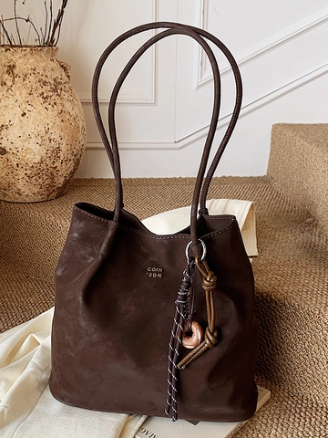 Bolso Tote de Cuero PU Minimalista de Gran Capacidad para Mujer Bolso de Hombro Retro de Color Sólido Con Colgante Desmontable Oficina