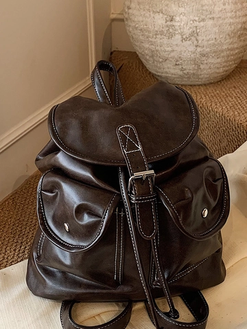 Zaino in Pelle PU Vintage da Donna Borsa da Scuola alla Moda Cuciture a Contrasto Patta con Coulisse Casual retrò