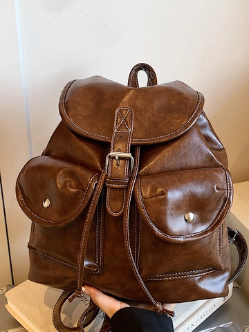 Zaino in Pelle PU Vintage da Donna Borsa da Scuola alla Moda Cuciture a Contrasto Patta con Coulisse Casual retrò