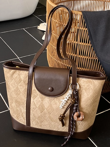 Borsa Totale Grande in Camoscio da Donna Retro con Graticcio di Diamanti Moda Cuciture Minimalista Borse a Tracolla Pendolare