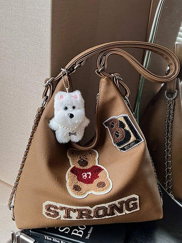 Damen Große Kapazität PU Leder Tote Tasche Mode Bär Aufnäher Stickerei Schultertasche Mit Plüsch Anhänger Lässige Handtasche