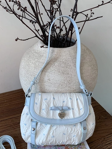 Süße Schleife Patchwork Schultertasche Für Damen Faltenstoff PU Leder Unterarmtasche Nische Design Casual Handtasche Quadratisch