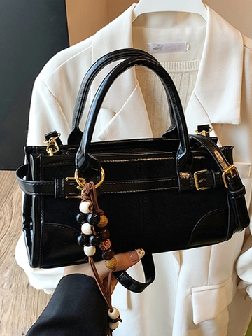 Women Retro Suede PU Leather Patchwork Baguette Bag Elegant Crossbody Shoulder Bag Large Capacity Handbag With Bead Pendant