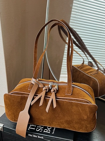 Bolso de Hombro de Gamuza Retro Francés para Mujer Bolso Tote Minimalista de Gran Capacidad Elegante Color Sólido Versátil