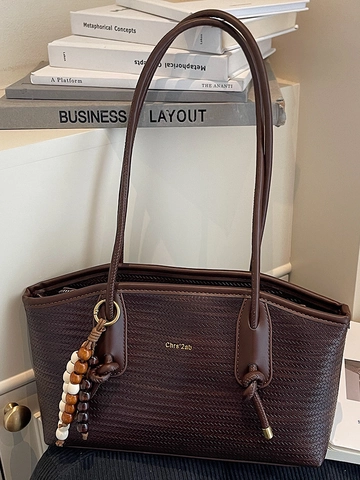 Große Kapazität Geflochtene Umhängetasche Für Damen Mode Kunstleder Schultertasche Mit Perlenanhänger Pendlertasche