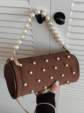 Damen Elegant Perlen Zylinder Umhängetasche PU Leder Retro Handtasche Mit Künstlichem Perlen Griff Metall Ketten Riemen