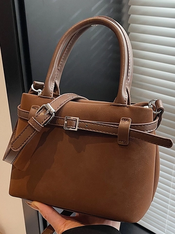 Retro Matte PU Leather Shoulder Bag For Women Solid Color Commuter Handbag With Adjustable Strap Metal Buckle Underarm Bag