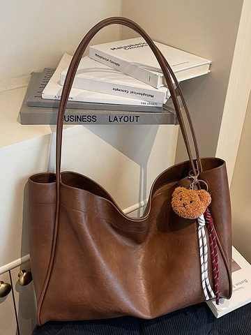 Borsa Tote da Donna Grande Capacità in Stile Vintage Borsa a Tracolla in Pelle PU con Ciondolo Orsetto per Lavoro e Pendolari
