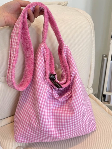 Sac Cabas à Carreaux Gingham pour Femmes Style Académique Doublure en Peluche Cordon Sac à Épaule Grande Capacité Sac à Main Shopping
