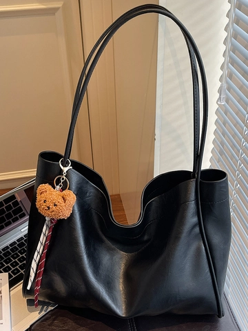 Borsa Tote da Donna Grande Capacità in Stile Vintage Borsa a Tracolla in Pelle PU con Ciondolo Orsetto per Lavoro e Pendolari