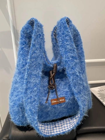 Sac Cabas à Carreaux Gingham pour Femmes Style Académique Doublure en Peluche Cordon Sac à Épaule Grande Capacité Sac à Main Shopping