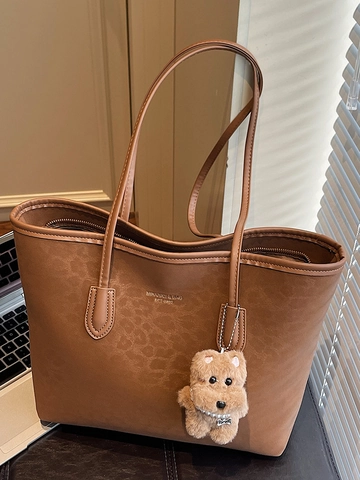 Borsa Tote da Donna a Grande Capacità con Stampa Leopardata in Pelle PU Borsa a Tracolla Vintage Sottobraccio con Ciondolo Orsetto di Peluche