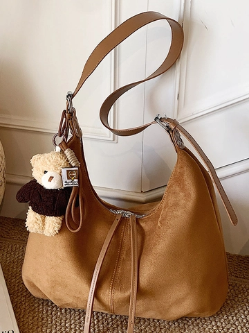 Large Capacity Suede Tote Bag For Women Retro Hobo Shoulder Bag With Bear Charm Minimalist Commuter Handbag Fall Winter Bag