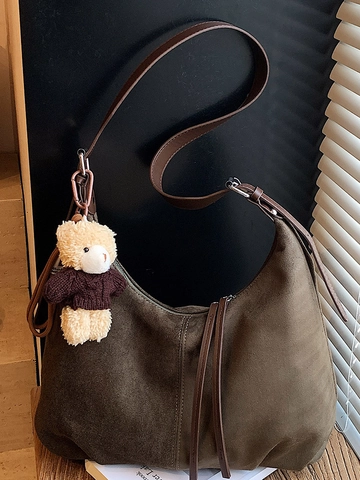 Large Capacity Suede Tote Bag For Women Retro Hobo Shoulder Bag With Bear Charm Minimalist Commuter Handbag Fall Winter Bag