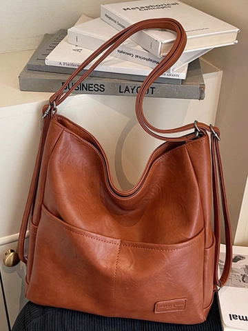 Large Capacity PU Leather Tote Bag For Women Retro Stitching Commuter Shoulder Bag Multi-Functional Autumn Fashion Handbag