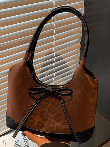 Women Niche Fashion Suede Texture PU Leather Bucket Bag Bow Decor Leopard Print Shoulder Handbag Autumn Large Capacity Tote