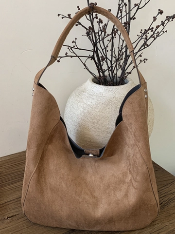 Borsa Tote Grande Capacità Donna Finta Scamosciata Retrò Casual Hobo Borsa a Spalla Con Rivetti Argento Urbana Minimalista