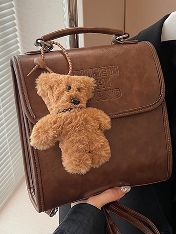 Women Vintage PU Leather Backpack Shoulder Bag Letter Embossed Fashion Square Handbag With Plush Bear Charm Daily School Pack