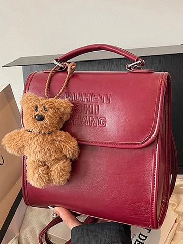 Women Vintage PU Leather Backpack Shoulder Bag Letter Embossed Fashion Square Handbag With Plush Bear Charm Daily School Pack