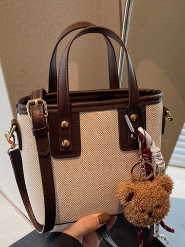 Dames Mode Canvas PU Leer Patchwork Emmer Tas Retro Schouder Crossbody Tas Met Berenhanger Voor Dagelijks Woon-Werkverkeer