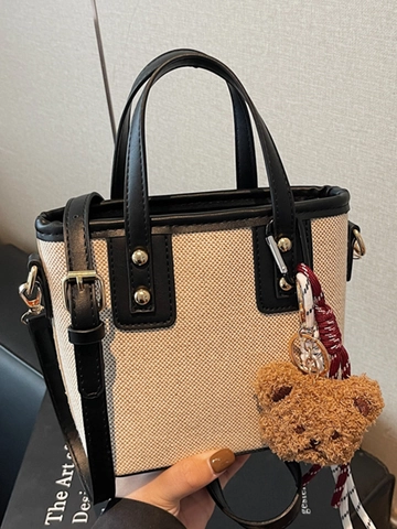 Dames Mode Canvas PU Leer Patchwork Emmer Tas Retro Schouder Crossbody Tas Met Berenhanger Voor Dagelijks Woon-Werkverkeer
