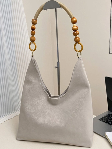 Borsa a Tracolla in Velluto di Seta Grande Capacità per Donna Borsa Tote Retrò Con Manico in Perline di Legno Borsa a Secchiello Casual
