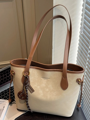 Damen Vintage Große Kapazität Tote Bag Mode PU Leder Umhängetasche Retro Pendler Handtasche Mit Elegantem Anhänger Dekor