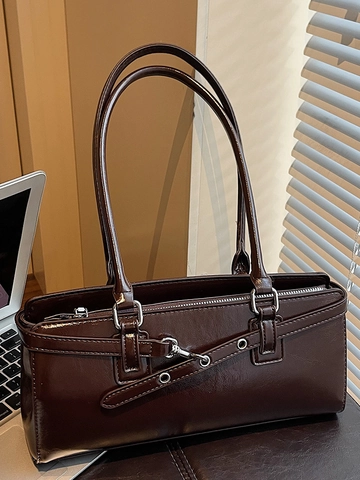 Vintage Damen PU Leder Umhängetasche Große Kapazität Retro Unterarmtasche Glänzende Pendler Handtasche Mit Metallschnalle Akzent