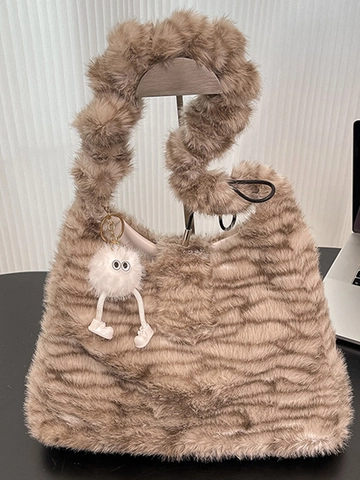 Borsa Tote in Peluche con Stampa Leopardata Donna Grande Capacità Borsa a Tracolla in Pelliccia Sintetica con Ciondolo Mostro