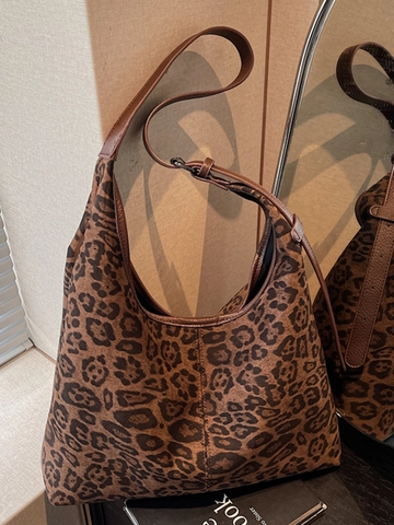 Borsa a Tracolla Hobo Leopardata Retrò da Donna Grande Capacità in Scamosciato Borsa Tote Casual alla Moda da Pendolare