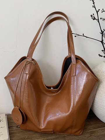 Women Large Capacity PU Leather Tote Bag High Gloss Shoulder Bag Minimalist Retro Commuting Solid Color Handbag For Lady