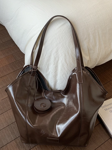 Women Large Capacity PU Leather Tote Bag High Gloss Shoulder Bag Minimalist Retro Commuting Solid Color Handbag For Lady