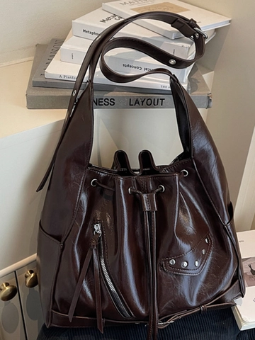 Sac Seau Vintage de Grande Capacité pour Femmes Style Motard Rétro en Cuir PU Cabas Sac à Épaule avec Décoration Rivet